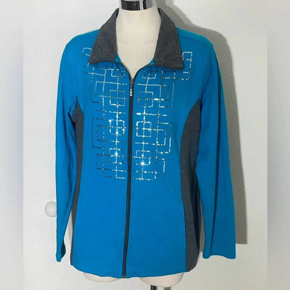 Three hearts sweater jacket sequin embellished size large teal gray collared